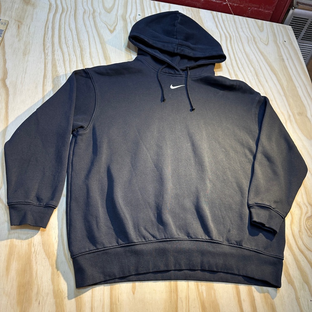 Nike Mens Large Black Center Swoosh Pullover Hoodie Fleece Sweatshirt